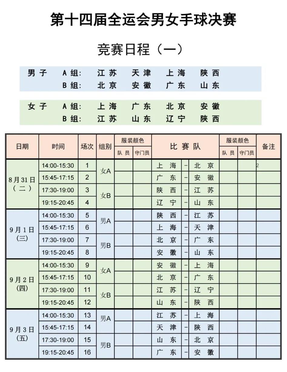 第十四届全运会男女手球赛程安排 附门票预约入口