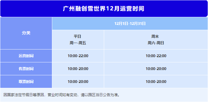 廣州融創(chuàng)雪世界營業(yè)時間