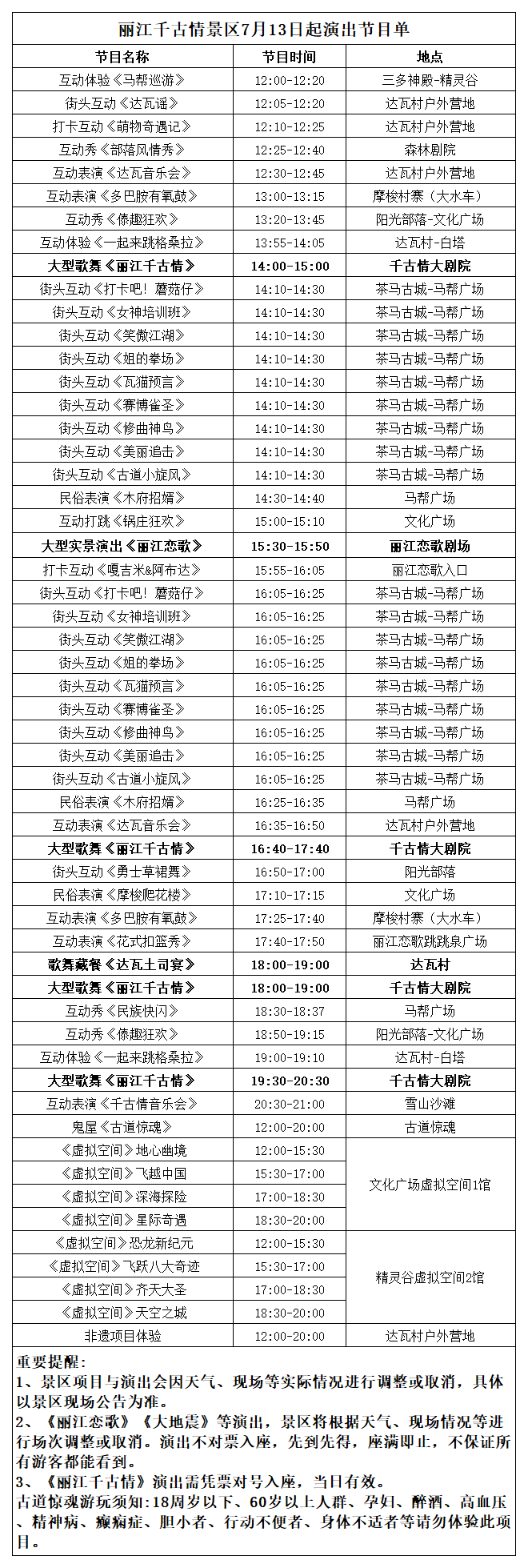 麗江千古情景區(qū)演出節(jié)目單時間表.png